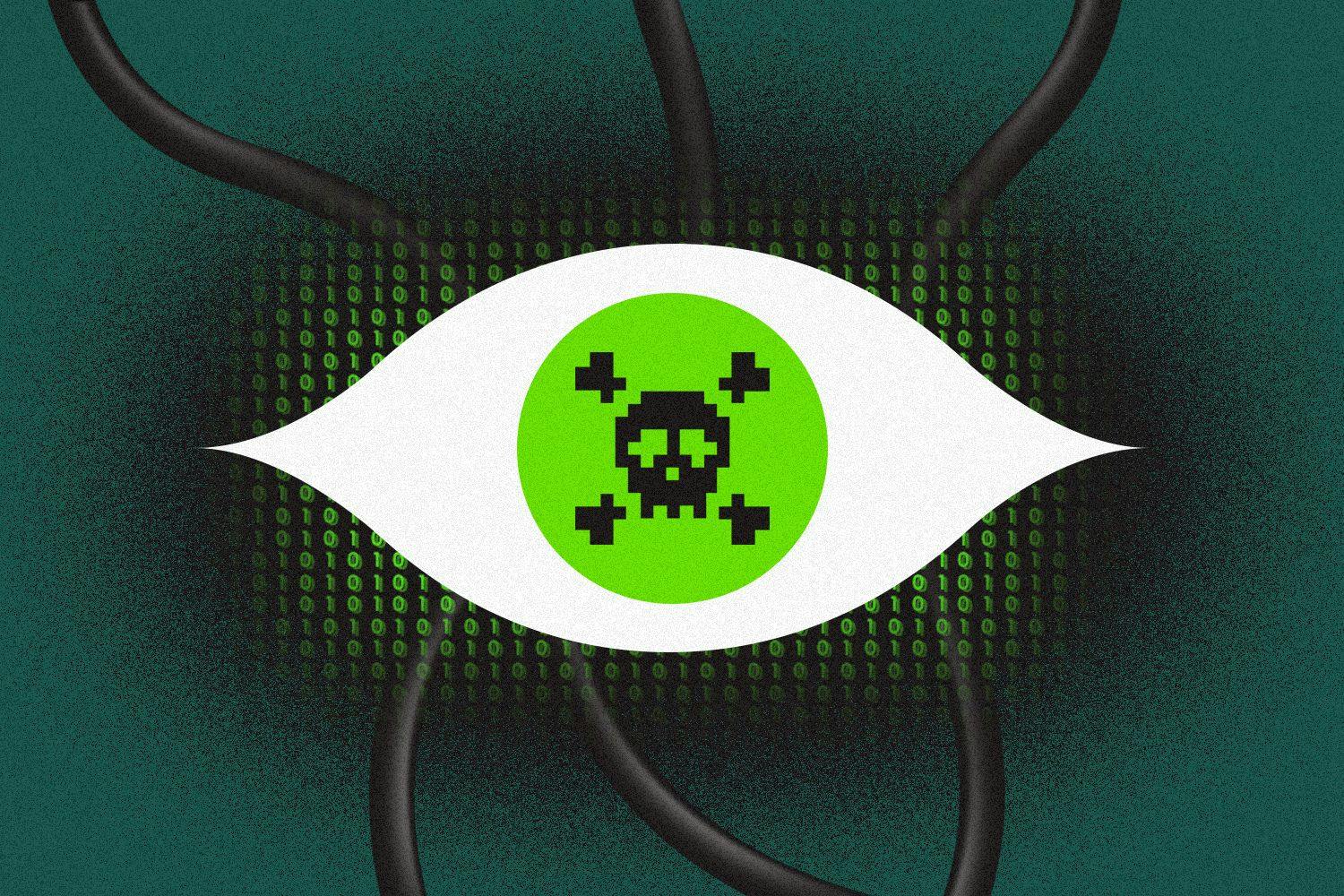 An eye with a green iris and an 8-bit skull and crossbones pupil