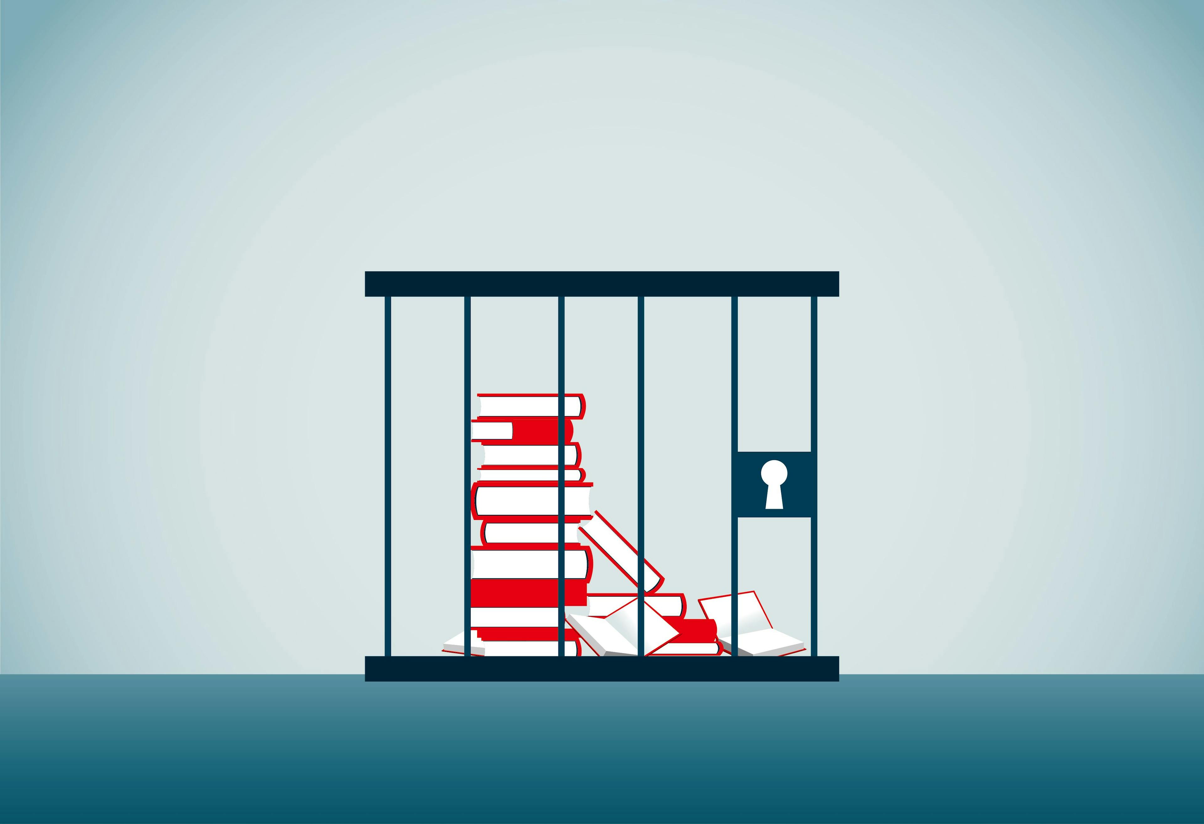 illustration of books stacked on top of one another in a prison cell