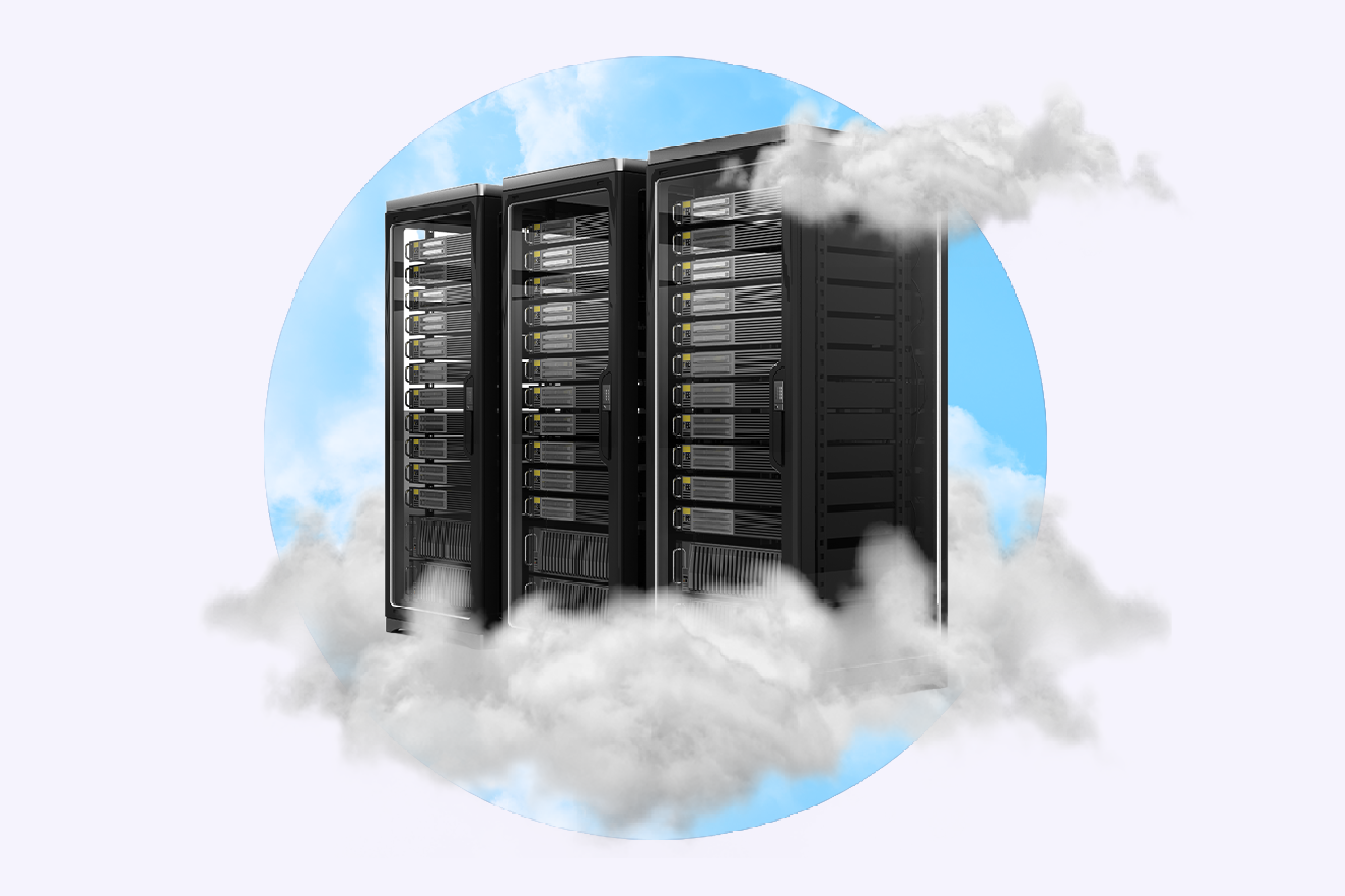 IT servers nestled in clouds on a blue and purple background