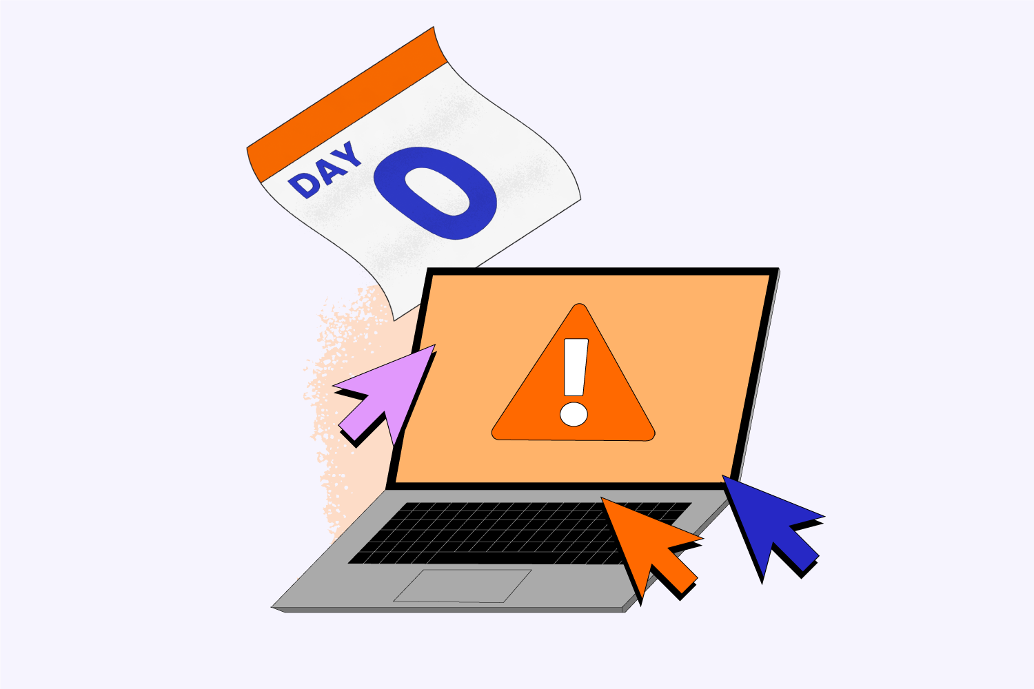 Calendar with "Day 0" next to a laptop with a warning triangle and ! mark with a couple mouse arrows pointing to it.