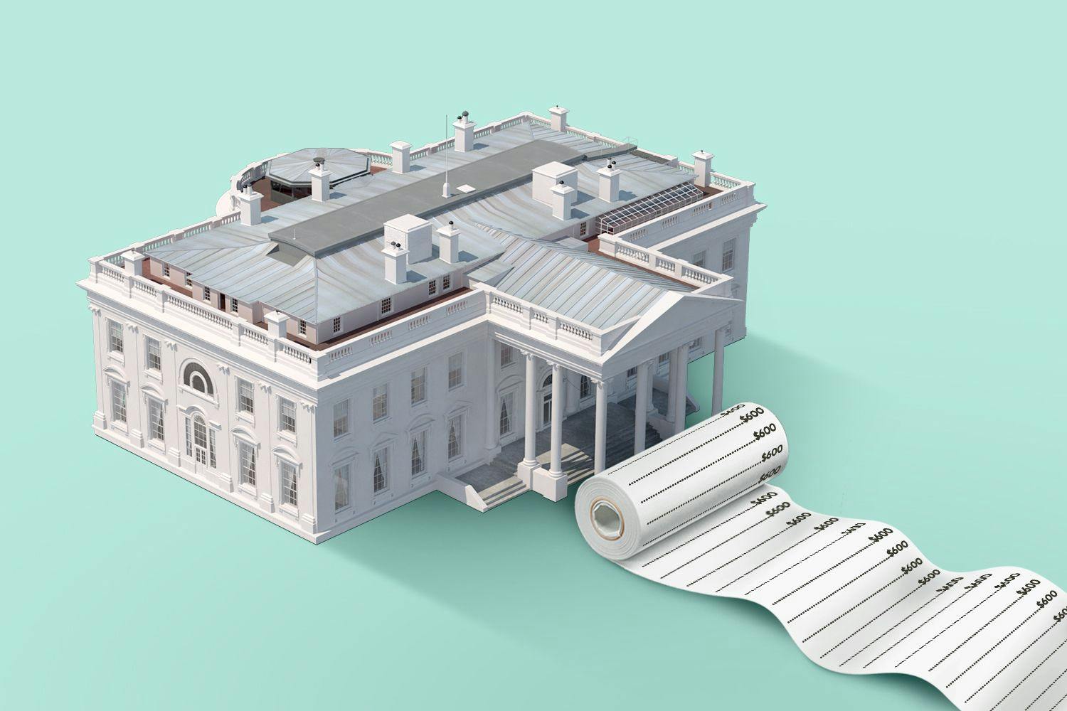 An illustration of the White House in front of a teal background. A large, rolled up receipt that unfurls to the edge of the picture sits at the base of the building's entrance.  