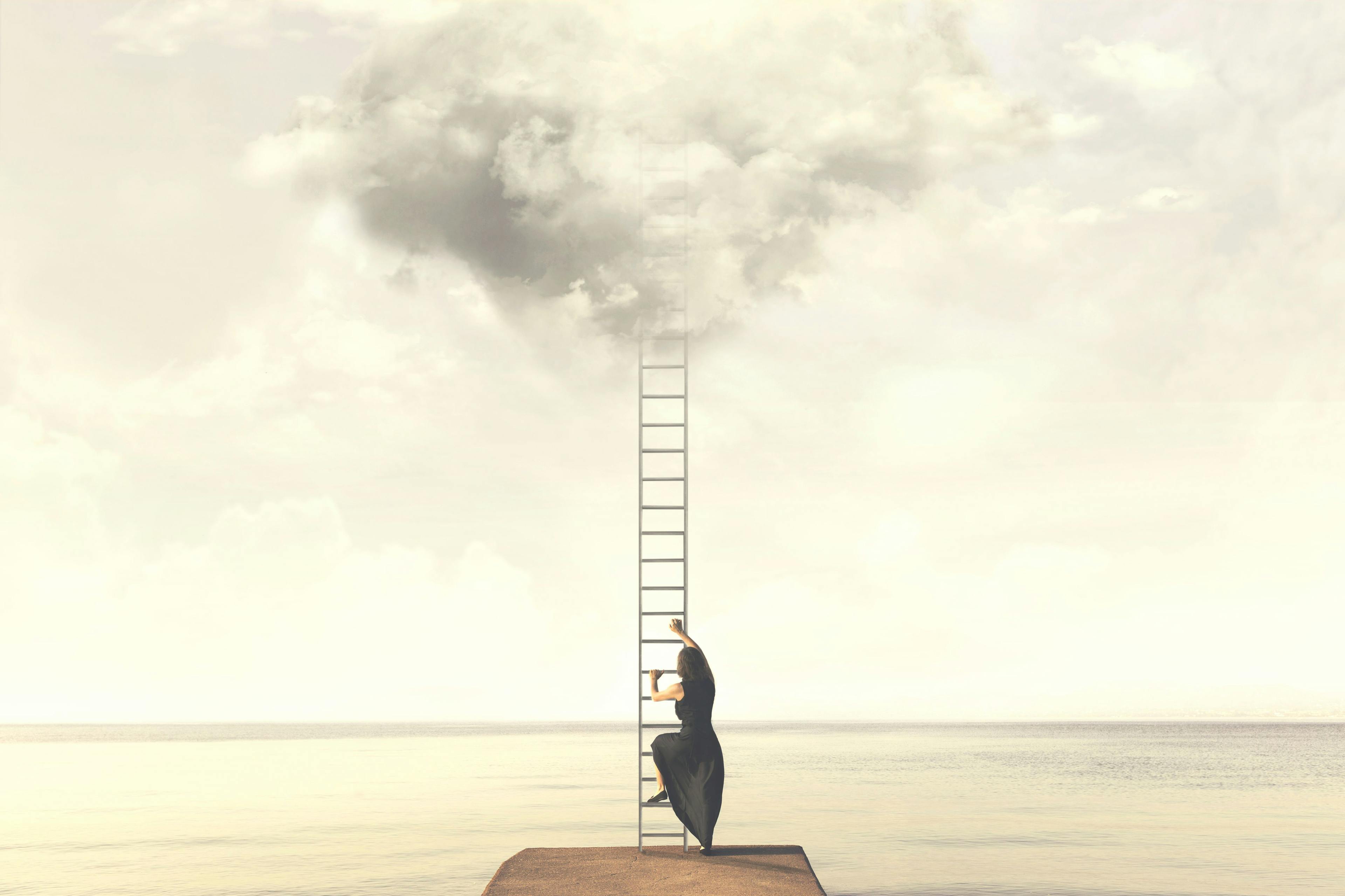 woman climbing ladder into cloud