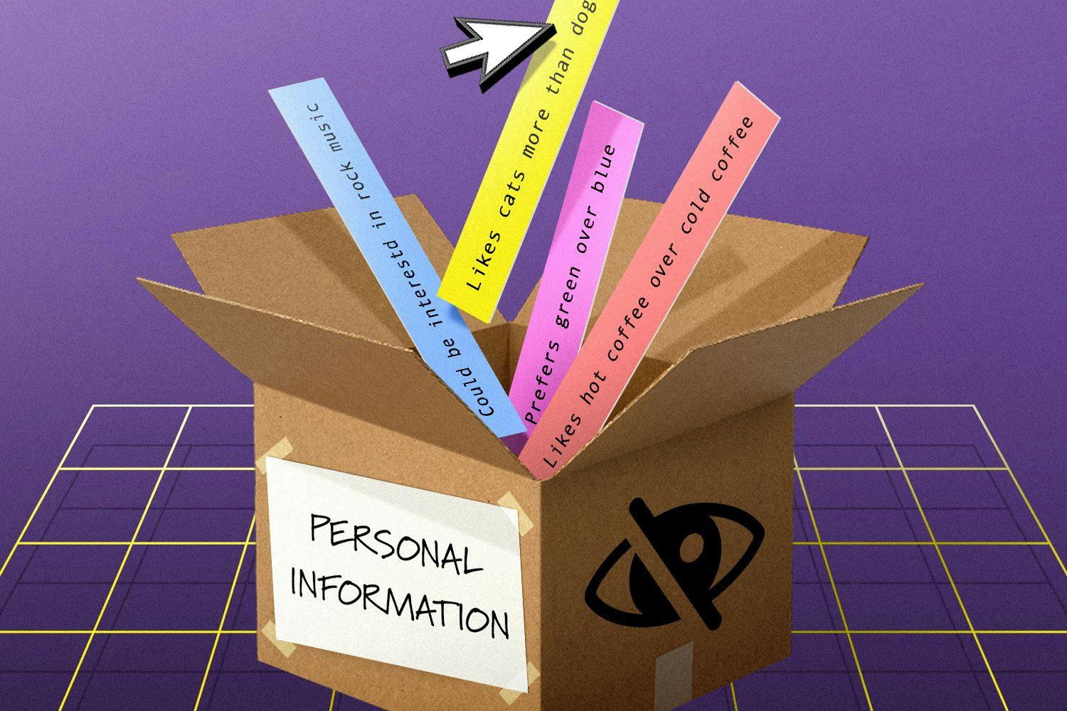 a cardboard box labeled "personal information" with little slips of info going into it, such as "likes cats more than dogs"