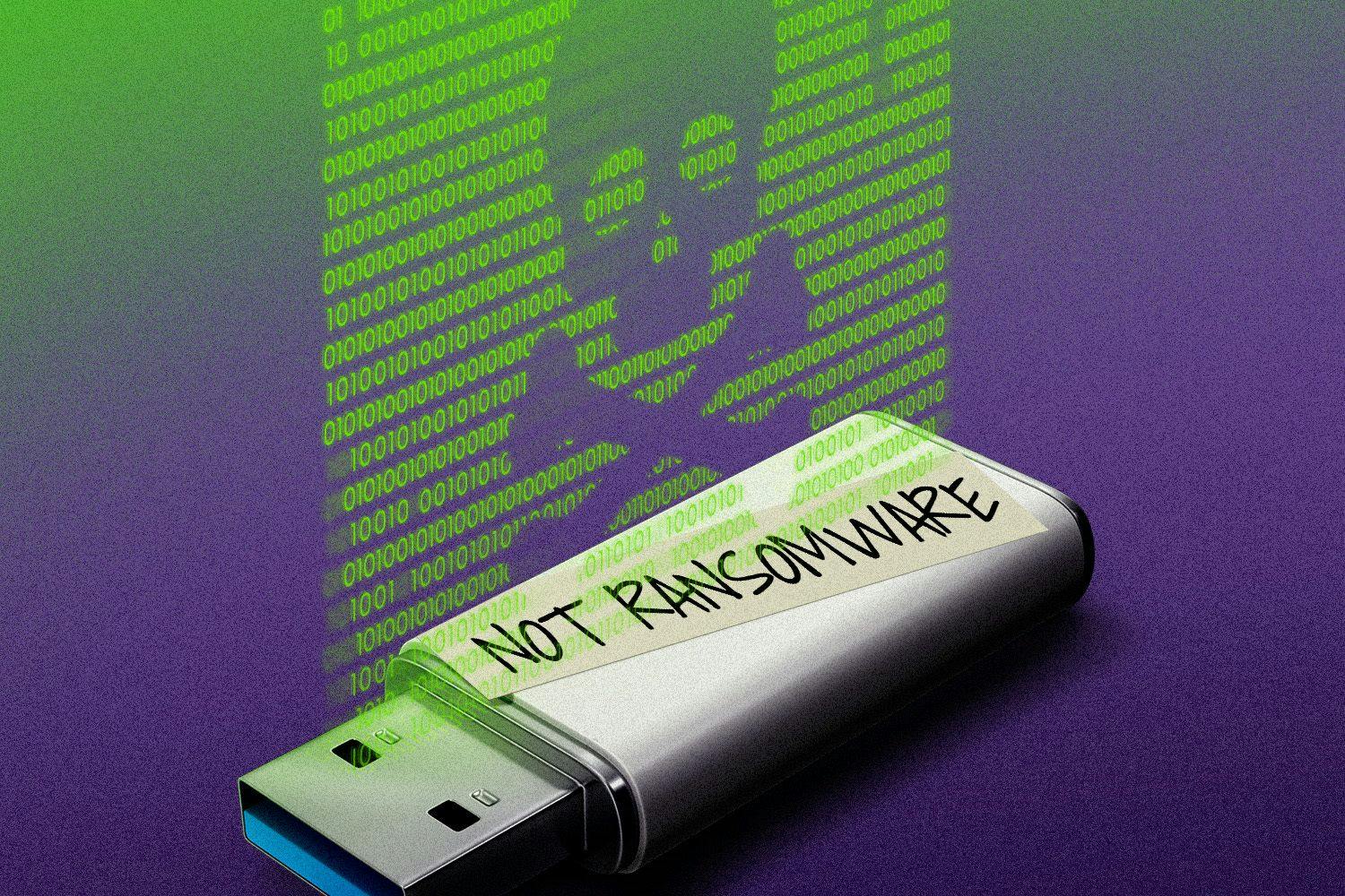 A USB drive with "not ransonware" written on masking tape.