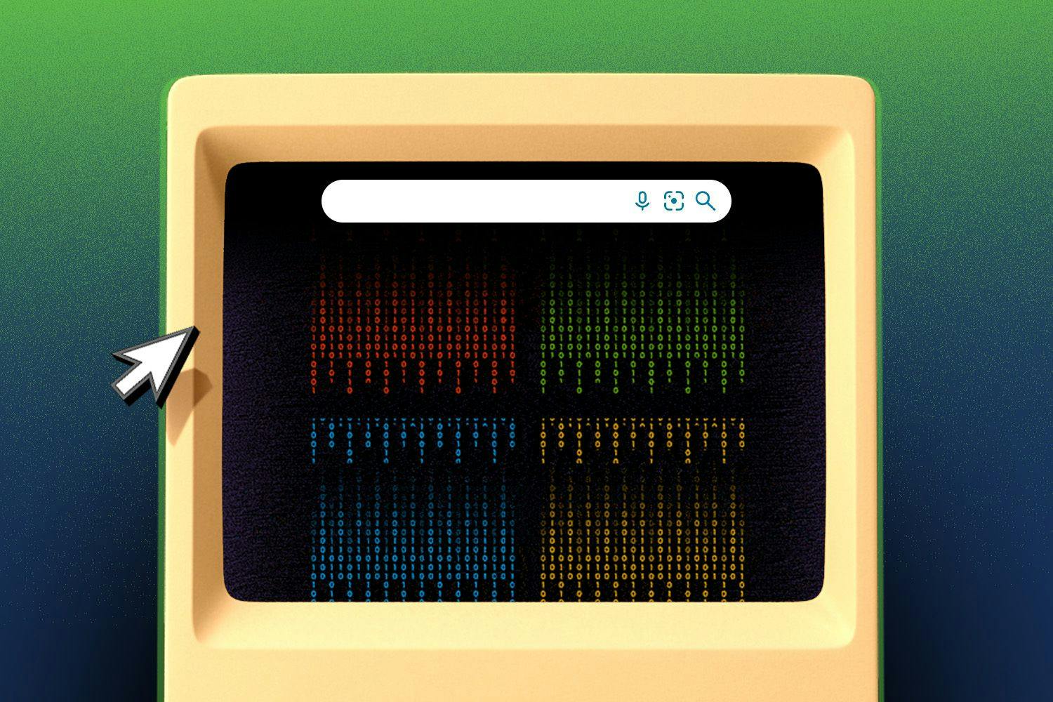 A computer screen with four quadrants of scrolling text in the colors of the Windows logo.