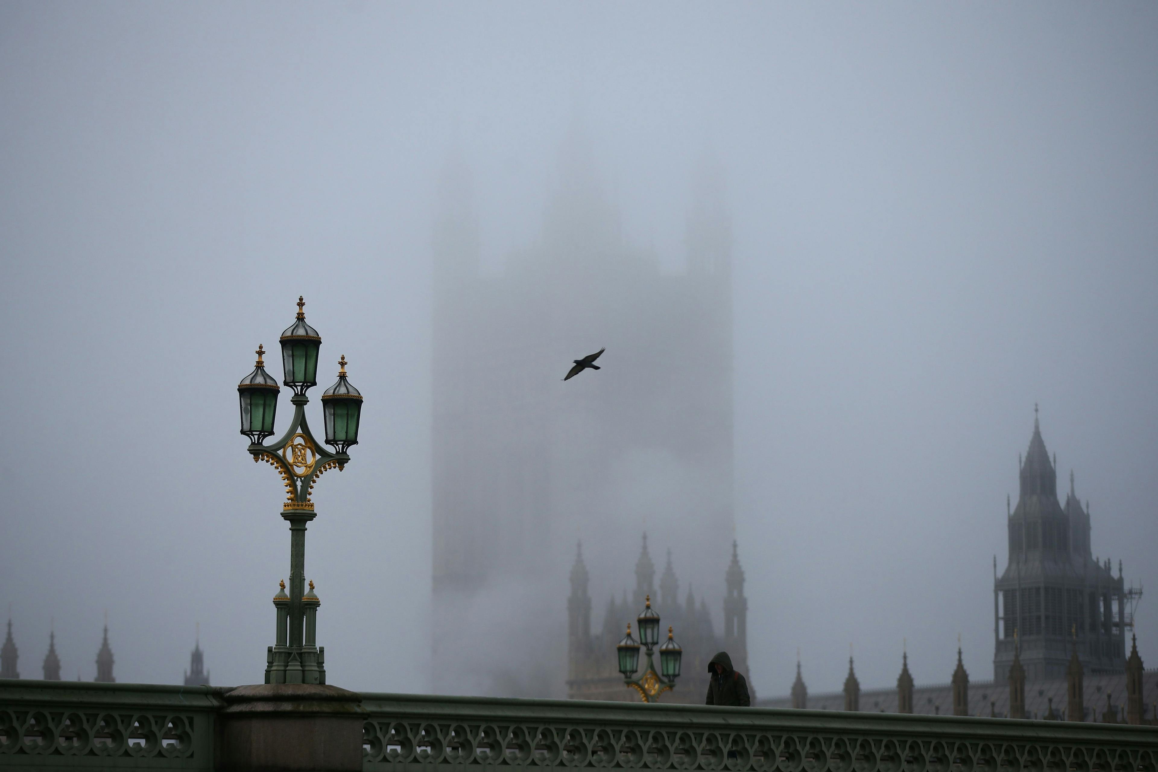 LONDON, ENGLAND - DECEMBER 28: Fog over the Houses of Parliament on Dece...
