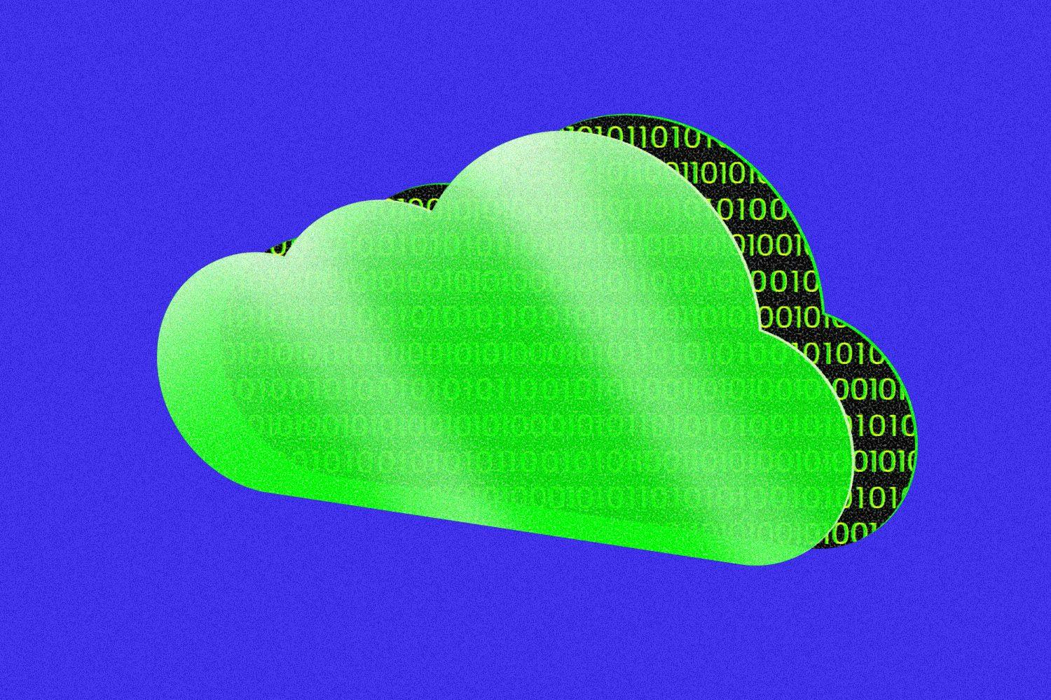 Green transparent cloud silhouette with binary code displayed behind