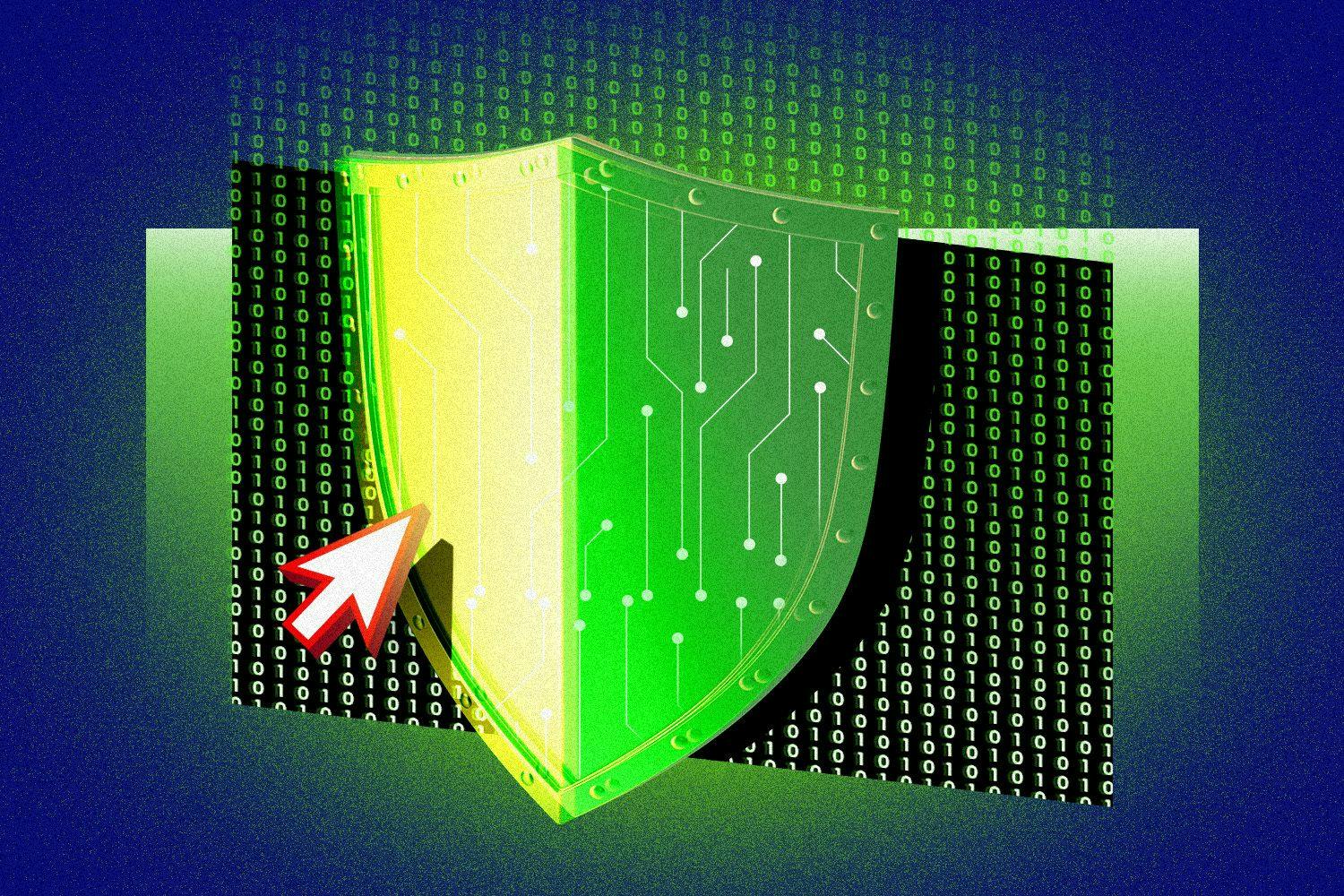 A medieval shield filled with digital circuits with binary code flowing over it and a computer mouse pointing to it on top of a green and black squares with a navy background