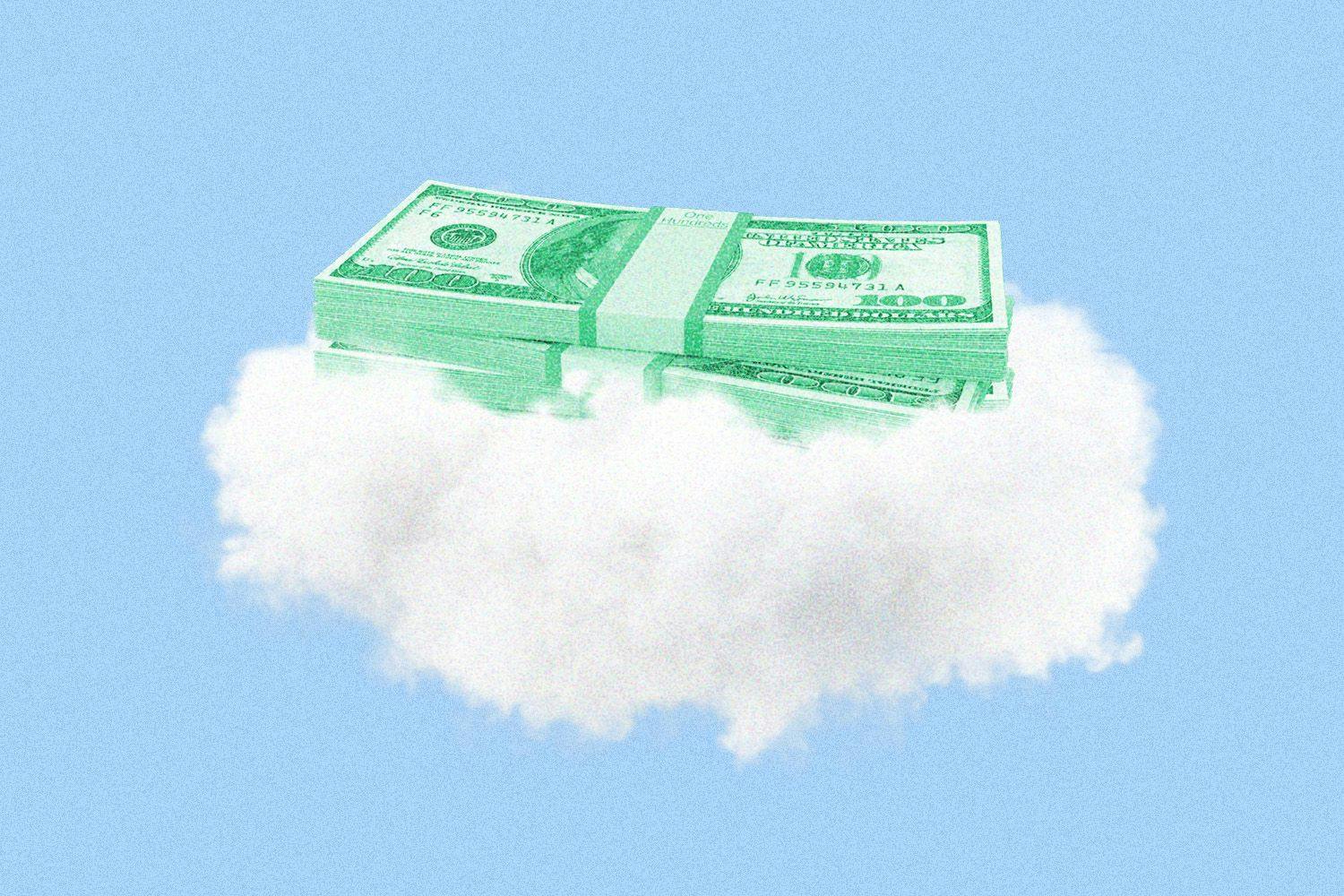 Stack of money floating on a cloud