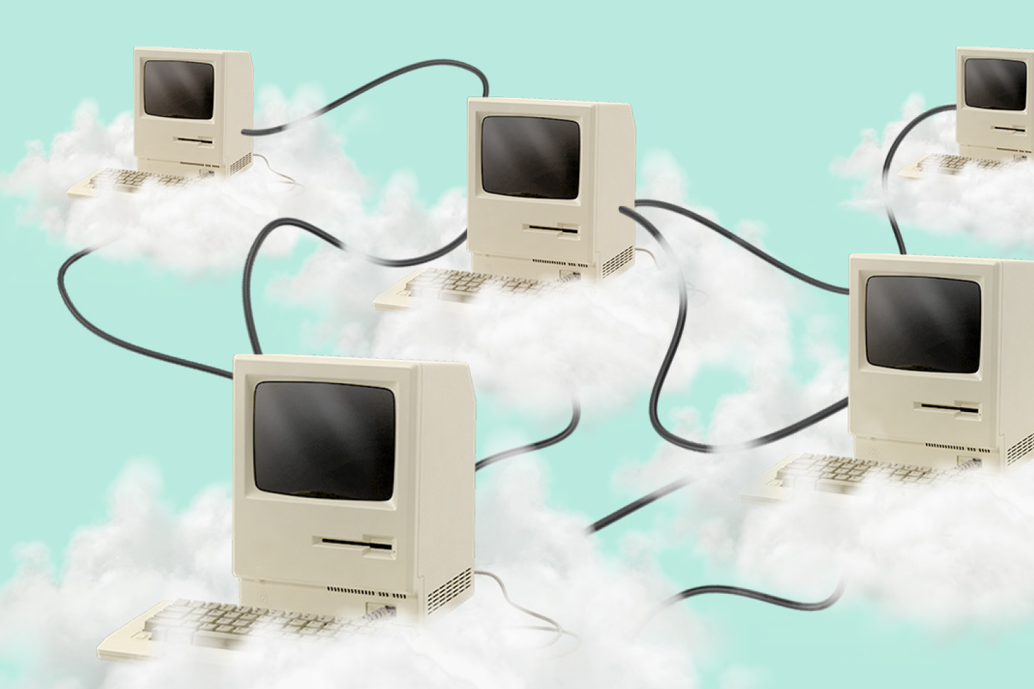 Connected computers sitting on clouds