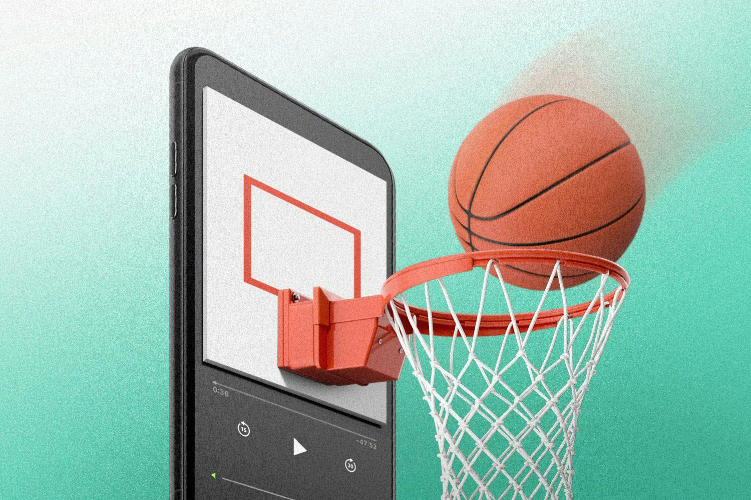 a basketball going into a net, but the net looks like a phone with a podcast on it